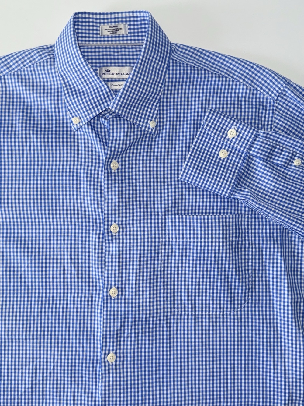 Peter Millar Crown Soft Button Down Men's M Blue White Check Cotton Silk